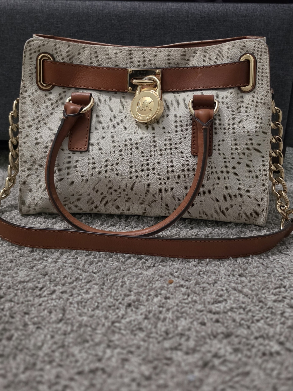 Michael Kors Beige Logo Satchel with Brown Trim and Gold Hardware - Picture 1 of 2